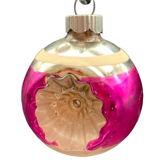 Vintage Shiny Brite PINK Christmas Ornament Indent Double Reflector Ball USA 2" - Picture 1 of 10